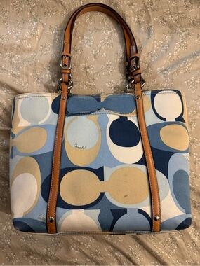Vintage Coach Signature Blue Multi Canvas Tote with Tan Leather Straps